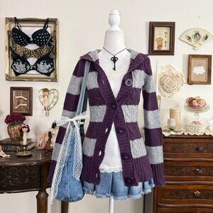 y2k preppy girly grunge gray and purple striped hooded knit cardigan